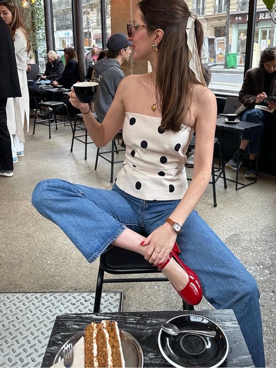 Sezane Tops - SEZANE EDITIONS Ecru Cream & Black Polka Dot Printed Linen Strapless Peplum Top